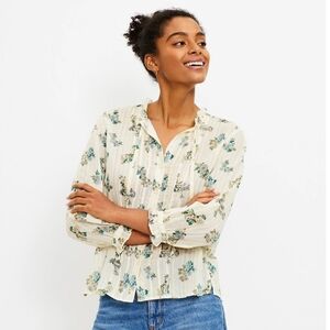 NWT Ann Taylor LOFT Yellow Stripe Floral Lightweight Button Front Pintuck Top